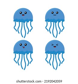 Vector illustration of Happy Jellyfish animal character. Cute Cartoon Jellyfish Isolated on White Background. Happy Animal Set