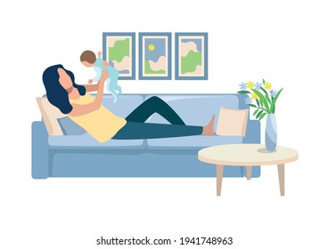 Vector illustration of a happy and joyful young mother lies in the living room on the couch and plays with a small child. Happiness of motherhood, mother's day, happy childhood isolated on white backg