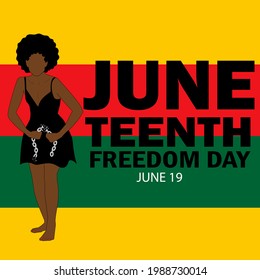 Vector illustration of happy June in abstract colorful patterns and black woman on red-green and black background in the colors of the flag of Africa. Woman breaks the chains of slavery