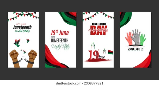 Vector illustration of Happy Juneteenth 19 June social media story feed mockup template set