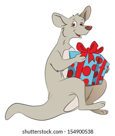 Vector illustration of a happy kangaroo holding a giftbox.