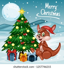 Vector Illustration of a Happy Kangaroo Next to Christmas Tree. Kangaroo Wearing a Christmas Hat. Cute Cartoon Wallaby Cheering On Winter Background. Happy Animals Set