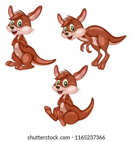 Vector Illustration of a Happy Kangaroo Set. Cute Cartoon Kangaroos in Different Poses Isolated on a White Background. Happy Animals Set. Kangaroo Jumping,  Sitting, Cheering