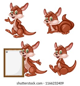 Vector Illustration of a Happy Kangaroo Set. Cute Cartoon Kangaroos in Different Poses Isolated on a White Background. Happy Animals Set. Kangaroo Lying, Sitting, Holding a Banner, Cheering