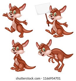 Vector Illustration of a Happy Kangaroo Set. Cute Cartoon Kangaroos in Different Poses Isolated on a White Background. Happy Animals Set. Kangaroo Jumping, Holding a Banner, Cheering