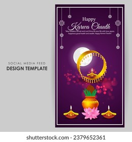 Vector illustration of Happy Karva Chauth social media feed template written Hindi text means karwa chauth