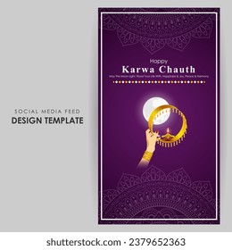 Ilustración vectorial de Happy Karva Chauth en una plantilla de medios sociales escrita en hindi significa karwa chauth