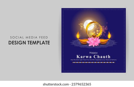 Vector illustration of Happy Karva Chauth social media feed template written Hindi text means karwa chauth