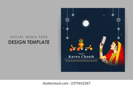 Vector illustration of Happy Karva Chauth social media feed template written Hindi text means karwa chauth