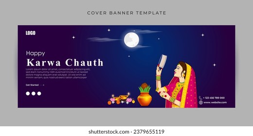 Vector illustration of Happy Karva Chauth social media feed template written Hindi text means karwa chauth