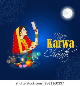 Vector illustration of Happy Karva Chauth social media feed template written Hindi text means karwa chauth