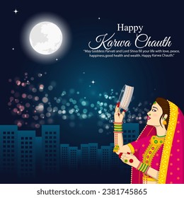 Vector illustration of Happy Karva Chauth social media feed template written Hindi text means karwa chauth