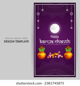 Vector illustration of Happy Karva Chauth social media feed template written Hindi text means karwa chauth