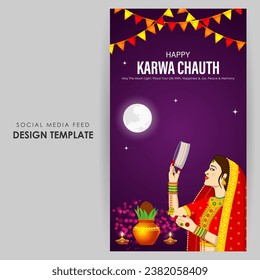Vector illustration of Happy Karva Chauth social media feed template written Hindi text means karwa chauth