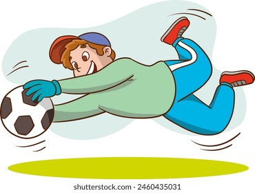 Vector illustration of happy kid boy play soccer as goalkeeper