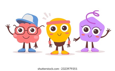 Vector illustration of happy kid character team on white color background. Flat style design of brain in cap, light bulb and geometric shape character friend for web, banner, poster, print