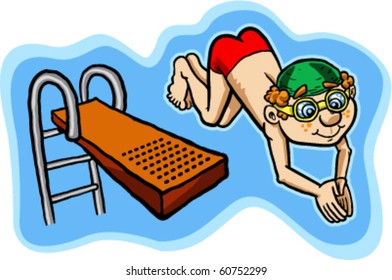 Vector Illustration Of A Happy Kid Diving Off A Diving Board.