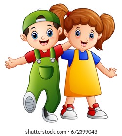 Vector illustration of Happy kid going to school with embrace each other