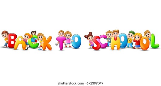 Vector illustration of Happy kid holding back to school word isolated on white background