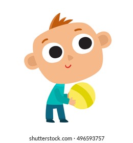 Vector illustration of happy kid isolated on white background. Pretty child playing with ball.  