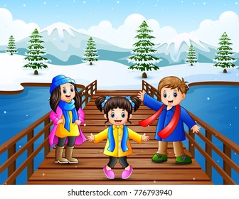 Vector illustration of Happy kid on the bridge in the snowing hill