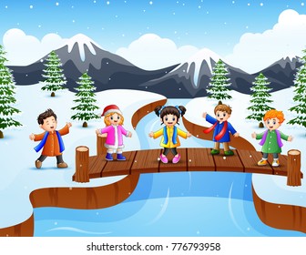 Vector illustration of Happy kid on the bridge in the snowing hill