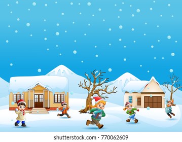 Vector illustration of Happy kid plaiyng in the snowing village