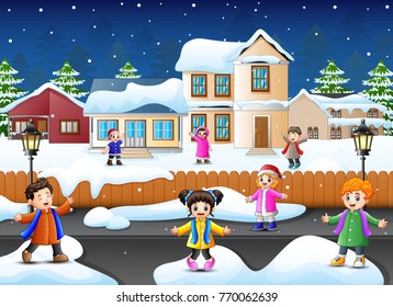 Vector illustration of Happy kid plaiyng in the snowing village