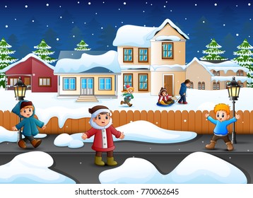 Vector illustration of Happy kid plaiyng in the snowing village