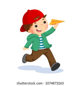 Vector Illustration Of Happy Kid Playing With Paper Airplane