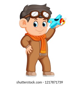 vector illustration of Happy kid playing with toy airplane