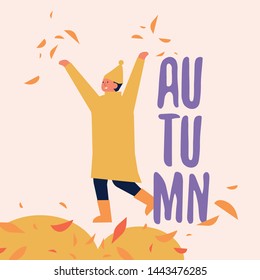 Vector illustration of happy kid playing with falling leaves outdoors in autumn season clothes
