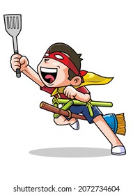 Vektorgrafik eines glücklichen Kindes, das wie ein Superheld-Cartoon spielt