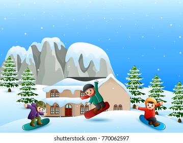 Vector illustration of Happy kid playing snowboard in the snowing village