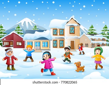 Vector illustration of Happy kid playing in the snowing village