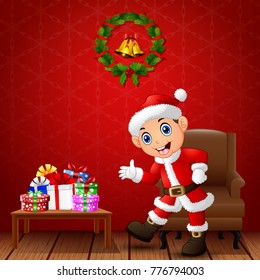 Vector illustration of Happy kid presenting in the living room with christmas and new year decoration