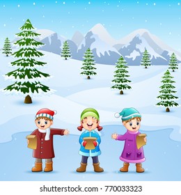 Vector illustration of Happy kid singing in the snowing hill