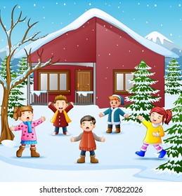 Vector illustration of Happy kid singing in the snowing village