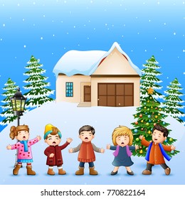 Vector illustration of Happy kid singing in the snowing village