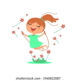 Vector illustration of happy kid with skipping rope. Cute little girl playing and jumping. Children activity leisure in summer. Funny cartoon child, isolated on white background