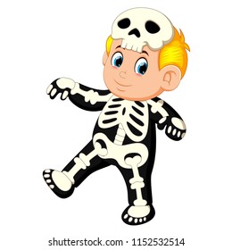 vector illustration of Happy kid wearing skeleton costume