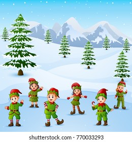 Vector illustration of Happy kid wearing elf costume in the snowing hill