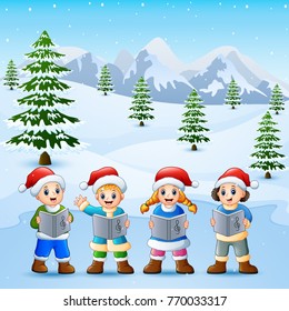 Vector illustration of Happy kid wearing santa hat singing in the snowing hill