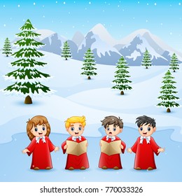 Vector illustration of Happy kid wearing red costume singing in the snowing hill