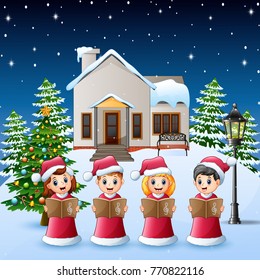 Vector illustration of Happy kid wearing red costume singing in the snowing village