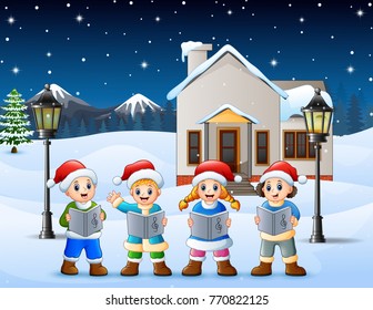Vector illustration of Happy kid wearing santa hat singing in the snowing village