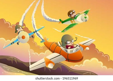 A Vector Illustration Of Happy Kids In An Airplane Race