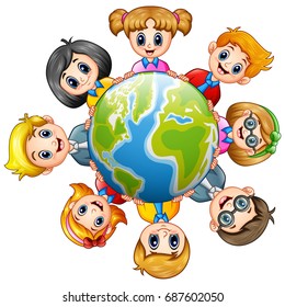 Vector illustration of Happy kids around the earth