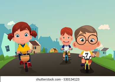 A vector illustration of Happy Kids Biking on the Street