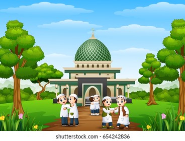 Vector illustration of  Happy kids cartoon celebrate eid mubarak in the park with mosque